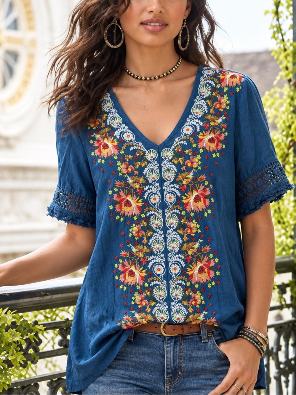 Sundance Embroidered Floral Short Sleeve Boho Blouse